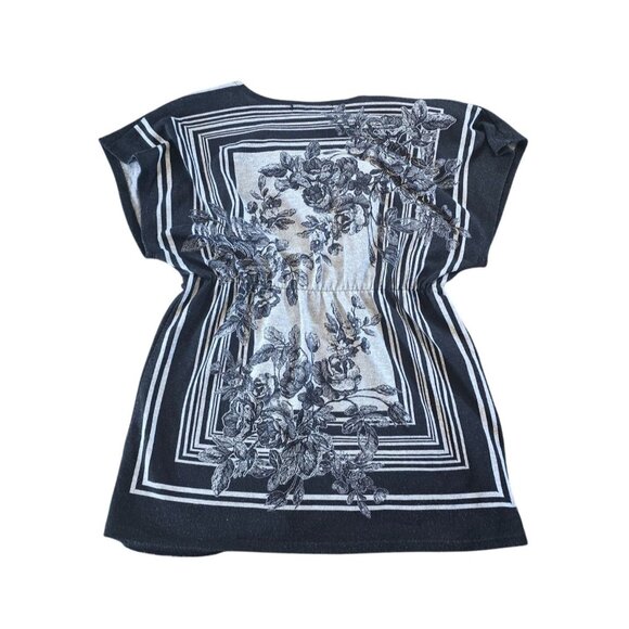Almost Famous Monochrome Empire Waist Floral V Neck Blouse Gray Black Size Large - Picture 6 of 6